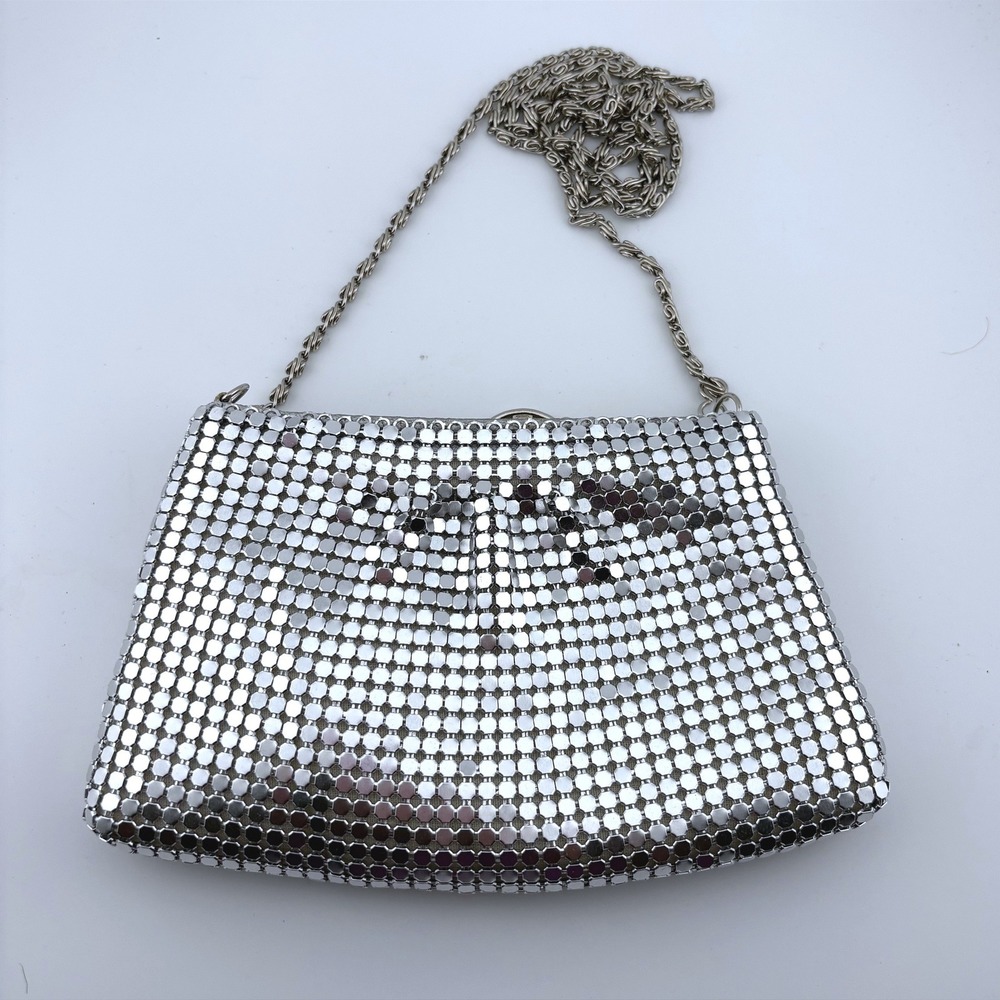 Vintage Silver Metal Mesh Evening Bag Clutch Chain‎ Strap Formal Wedding Disco